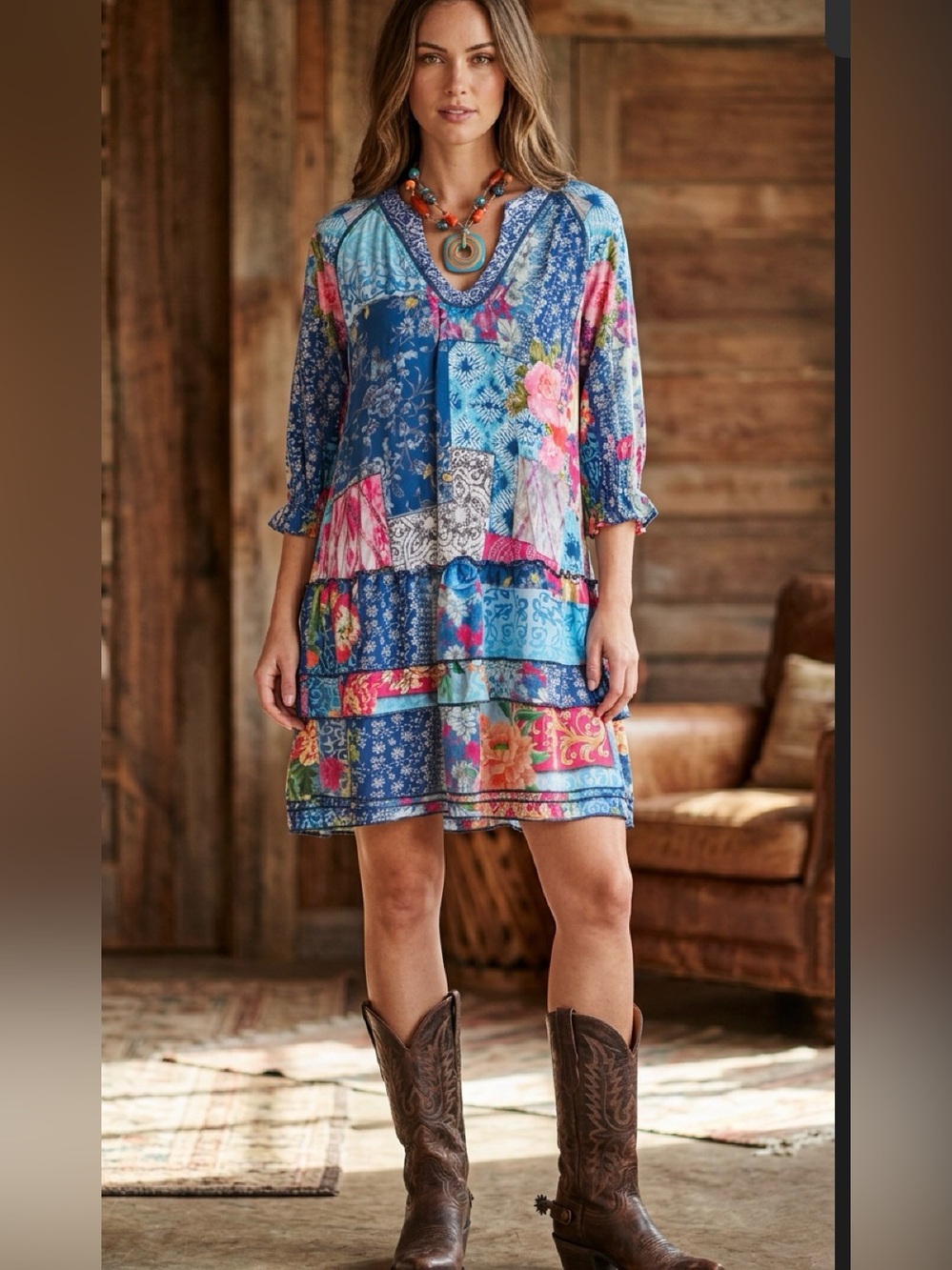 Feathers by Tolani Blue Patchwork Tunic Dress